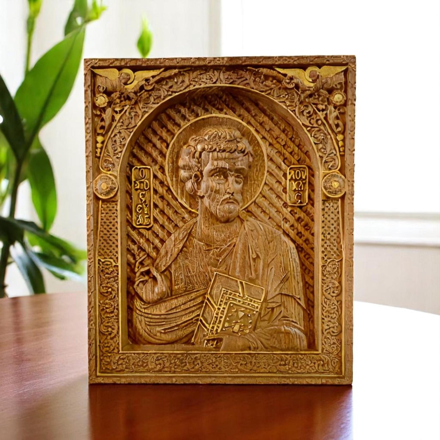 Luke the Evangelist Wooden Carved Handcrafted Christian Religious Icon. Byzantine Home Wall Art Decor Gift. Orthodox Greek Woodcarving Sculpture.