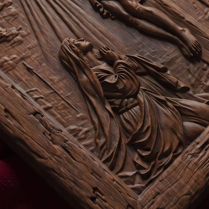 Mother Mary Under the Cross Wooden Carved Handmade Christian Icon  Byzantine Greek Orthodox Home Decor Cretan Holy Carvings