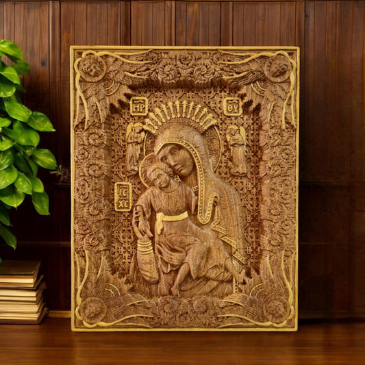 Virgin Mary Mother of God Axion Esti Wooden Carved Handcrafted Christian Religious Icon. Byzantine Home Wall Art Decor Gift. Orthodox Greek Woodcarving Sculpture.