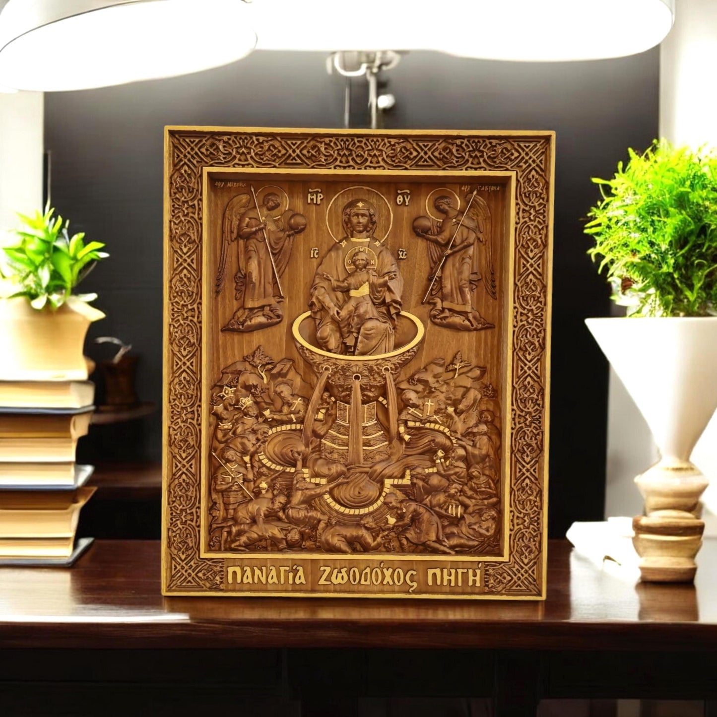 Mother of God Life-giving Spring Wooden Carved Handcrafted Christian Religious Icon. Byzantine Home Wall Art Decor Gift. Orthodox Greek Woodcarving Sculpture.