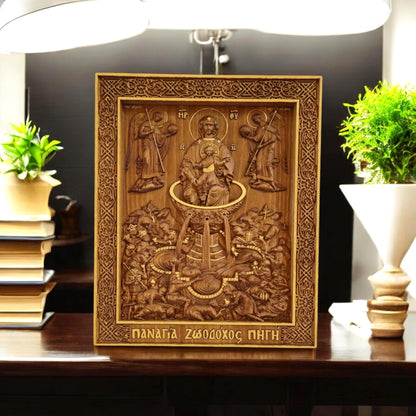 Mother of God Life-giving Spring Wooden Carved Handcrafted Christian Religious Icon. Byzantine Home Wall Art Decor Gift. Orthodox Greek Woodcarving Sculpture.