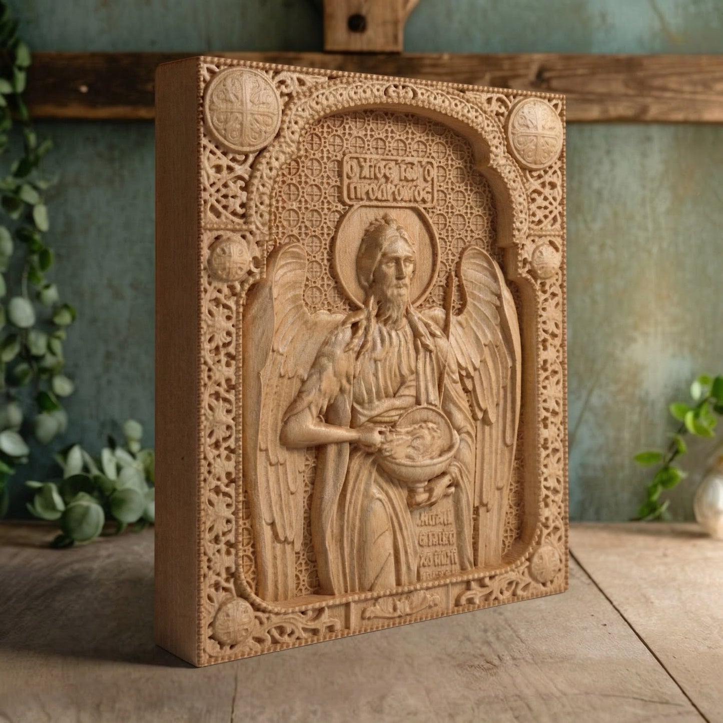 Saint John the Baptist Wooden Carved Handcrafted Christian Religious Icon. Byzantine Home Wall Art Decor Gift. Orthodox Greek Woodcarving Sculpture.
