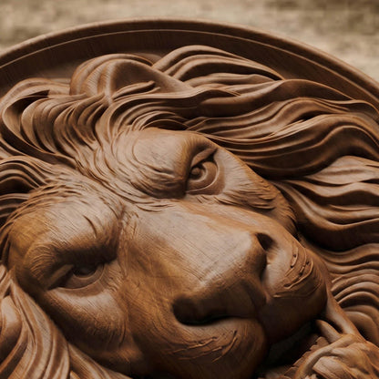 Lion Head in Plate Framed Bas Relief | Wooden Lion Carving | Sculptural Gift Idea