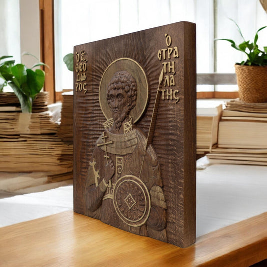 Saint Theodore Stratelates Wooden Carved Handcrafted Christian Religious Icon. Byzantine Home Wall Art Decor Gift. Orthodox Greek Woodcarving Sculpture.