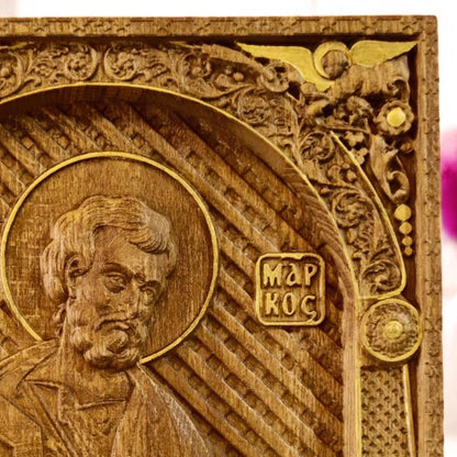 Mark the Evangelist Wooden Carved Handcrafted Christian Religious Icon. Byzantine Home Wall Art Decor Gift. Orthodox Greek Woodcarving Sculpture.