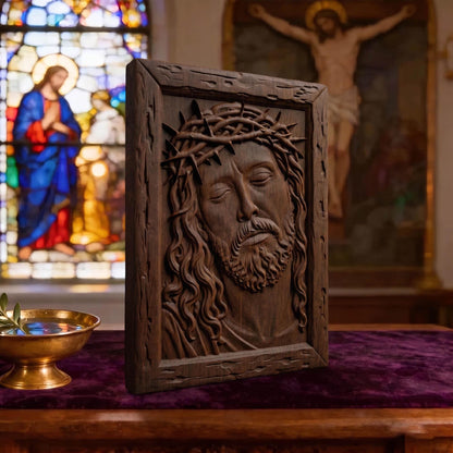 Jesus Face Wooden Carved Handmade Christian Icon  Byzantine Greek Orthodox Home Decor Cretan Holy Carvings
