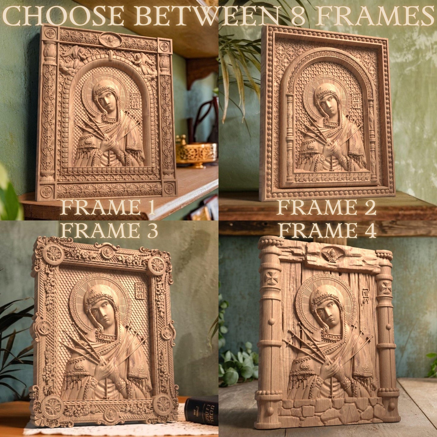 Virgin Mary of the Seven Swords Wooden Carved Handcrafted Christian Religious Icon. Byzantine Home Wall Art Decor Gift. Orthodox Greek Woodcarving Sculpture.