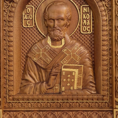 Saint Nicholas Wooden Carved Handcrafted Christian Religious Icon. Byzantine Home Wall Art Decor Gift. Orthodox Greek Woodcarving Sculpture.