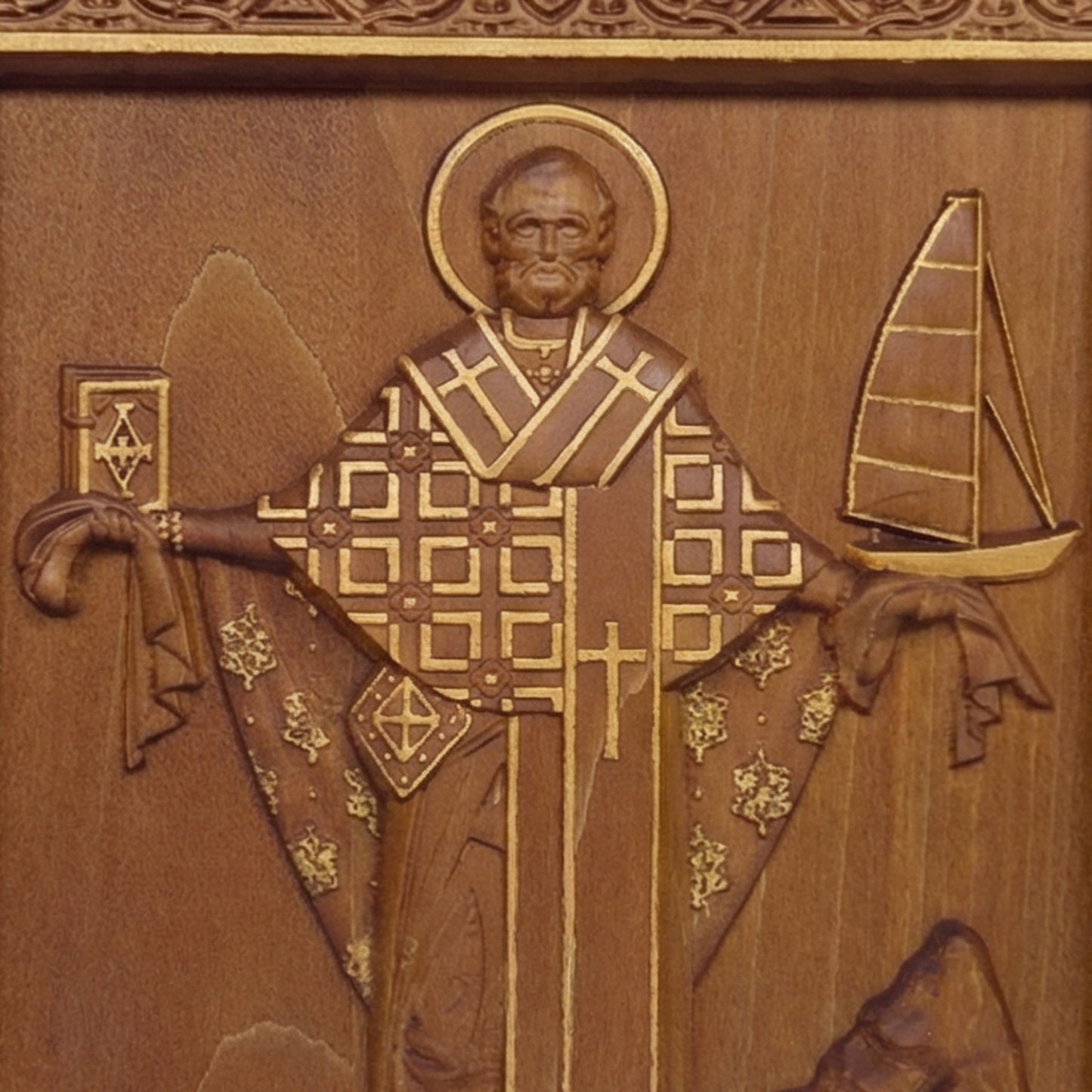 Saint Nicholas Wooden Carved Handcrafted Christian Religious Icon. Byzantine Home Wall Art Decor Gift. Orthodox Greek Woodcarving Sculpture.