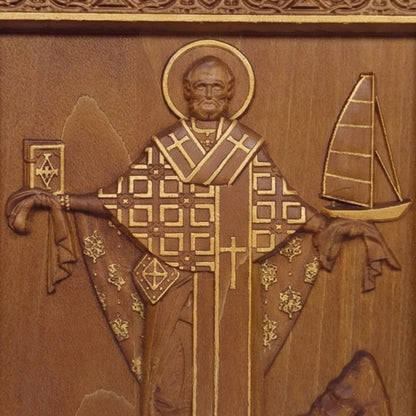 Saint Nicholas Wooden Carved Handcrafted Christian Religious Icon. Byzantine Home Wall Art Decor Gift. Orthodox Greek Woodcarving Sculpture.