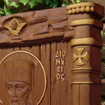 Saint Dionysios of Zakynthos Wooden Carved Handcrafted Christian Religious Icon. Byzantine Home Wall Art Decor Gift. Orthodox Greek Woodcarving Sculpture.