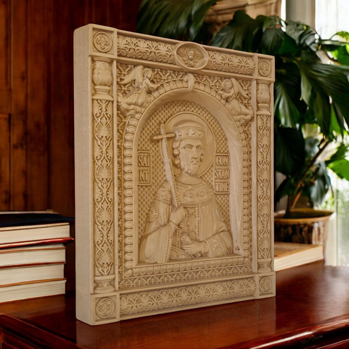 Saint Constantine Wooden Carved Handmade Christian Icon. Byzantine Greek Orthodox Home Art Decor.