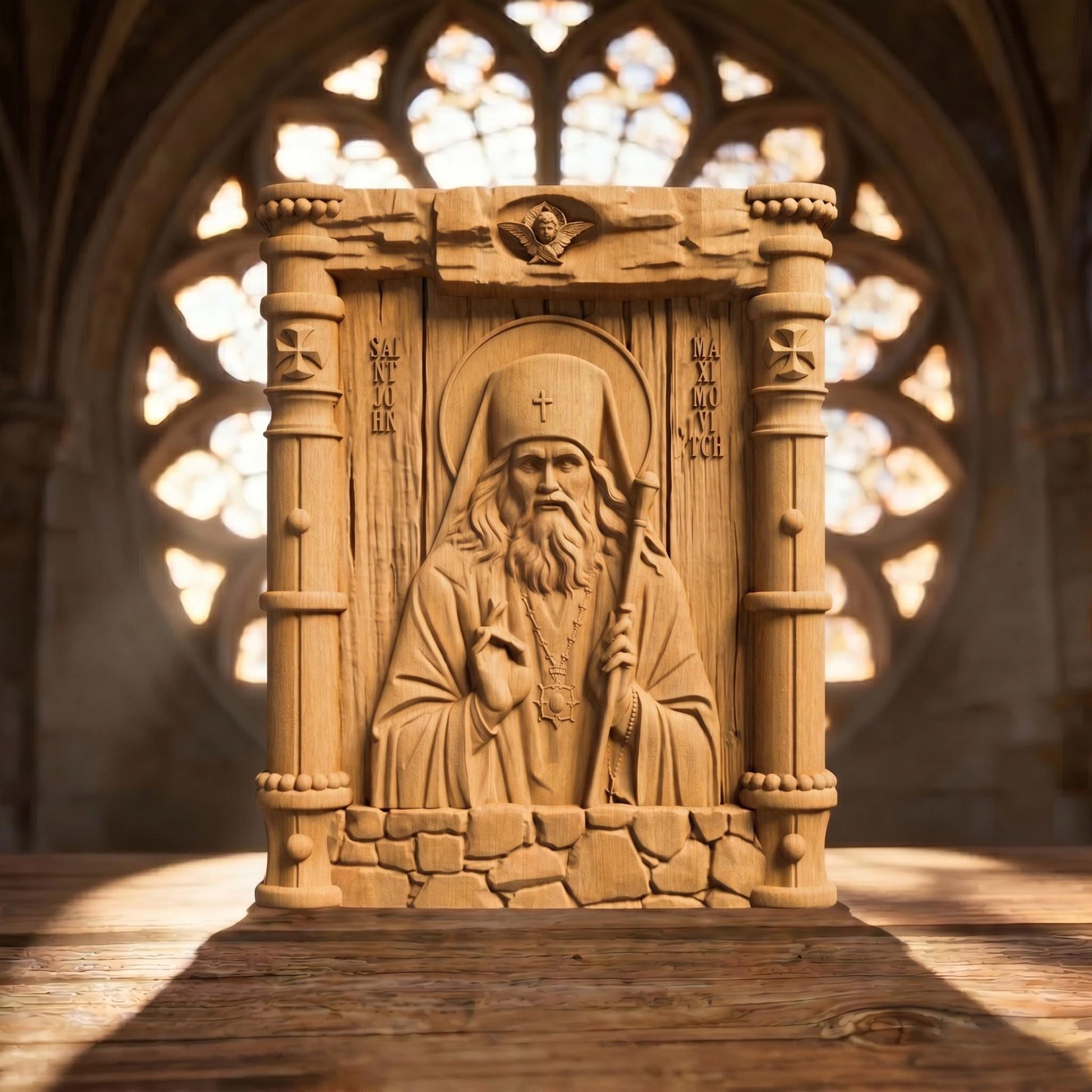 Saint John Maximovitch Wooden Carved Handmade Christian Icon Patron Saint of Orphans Front Side Natural Wood Color Cretan Holy Carvings