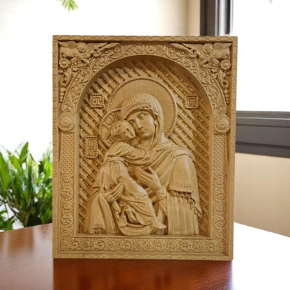 Virgin Mary Mother of God Wooden Carved Handmade Christian Icon. Byzantine Greek Orthodox Decor.