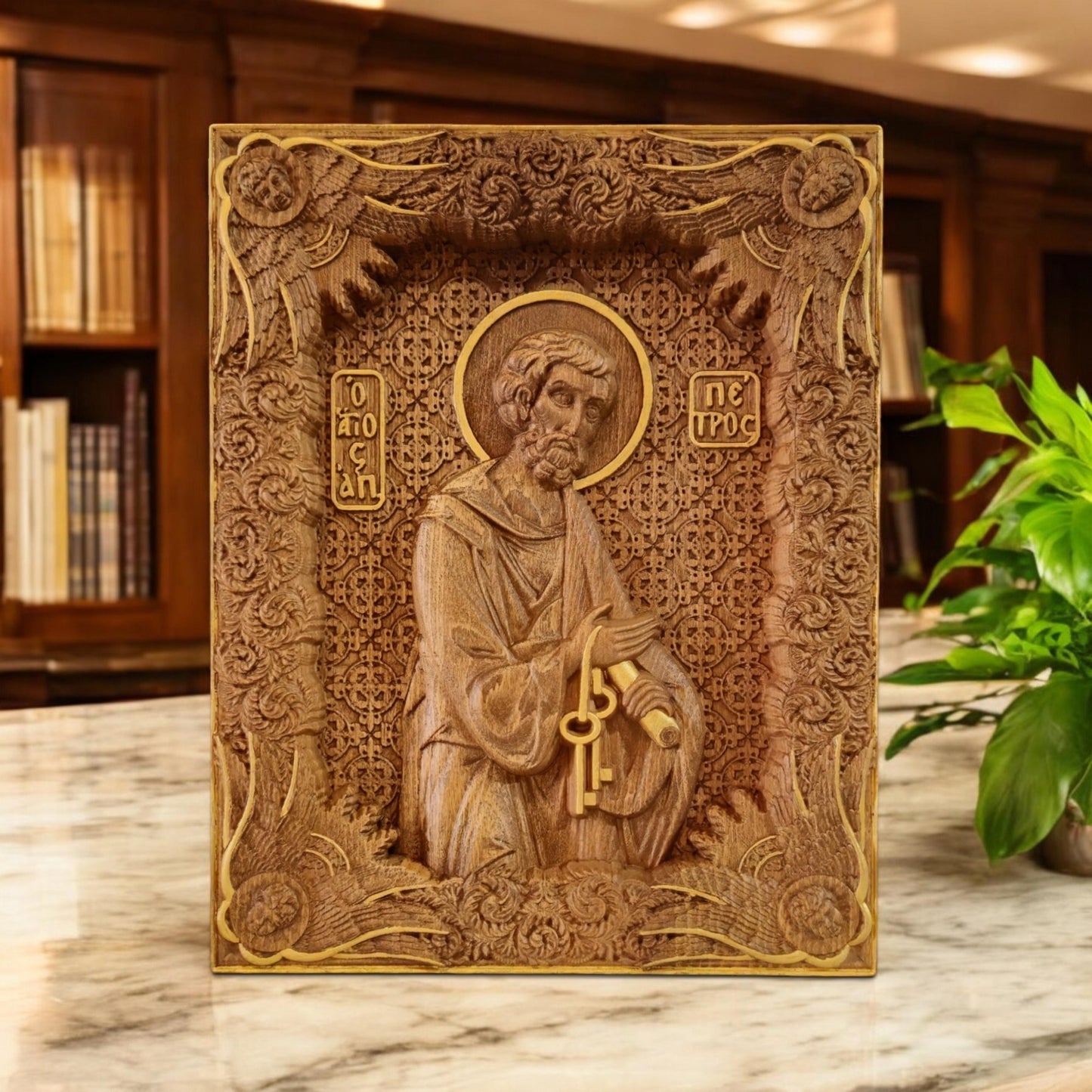 Saint Peter the Apostle Wooden Carved Handcrafted Christian Religious Icon. Byzantine Home Wall Art Decor Gift. Orthodox Greek Woodcarving Sculpture.