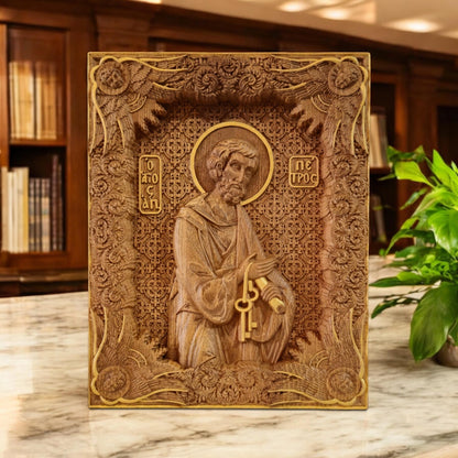 Saint Peter the Apostle Wooden Carved Handcrafted Christian Religious Icon. Byzantine Home Wall Art Decor Gift. Orthodox Greek Woodcarving Sculpture.