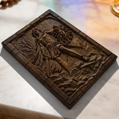 Perseus Cut Medusa's Head from Ancient Greek Mythology 3D Wooden Bas Relief Panel Art Sculptural Gift Idea Cretan Holy Carvings
