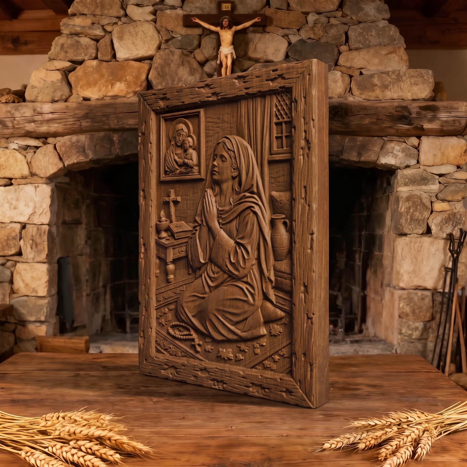 Young Girl Praying to God Wooden Carved Handmade Christian Icon  Byzantine Greek Orthodox Home Decor Cretan Holy Carvings