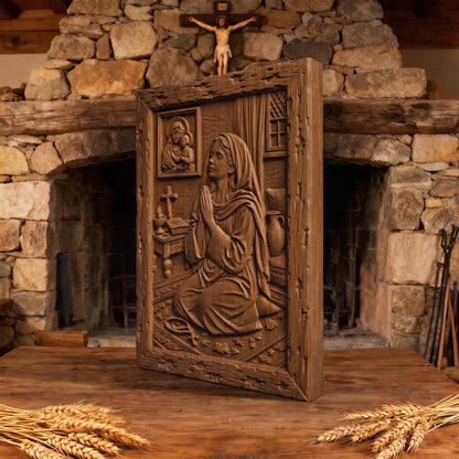 Young Girl Praying to God Wooden Carved Handmade Christian Icon  Byzantine Greek Orthodox Home Decor Cretan Holy Carvings