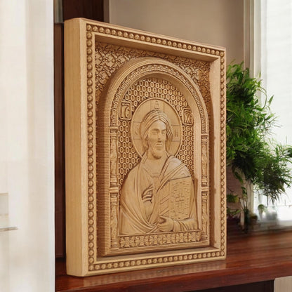 Christ Pantocrator of Sinai Wooden Carved Handcrafted Christian Religious Icon. Byzantine Home Wall Art Decor Gift. Orthodox Greek Woodcarving Sculpture.