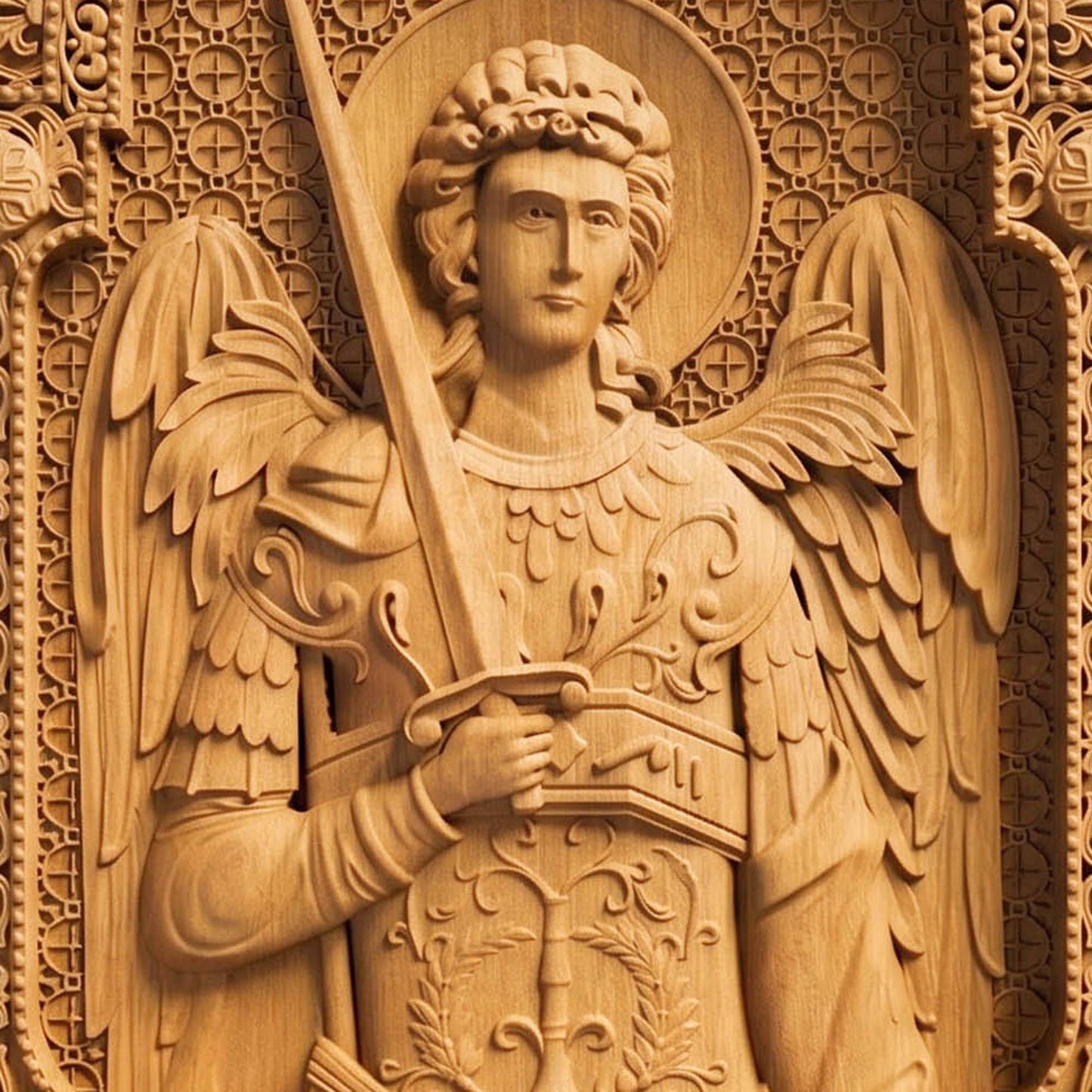Αrchangel Michael Wooden Carved Handmade Christian Icon Front Side Natural Wood Color Cretan Holy Carvings