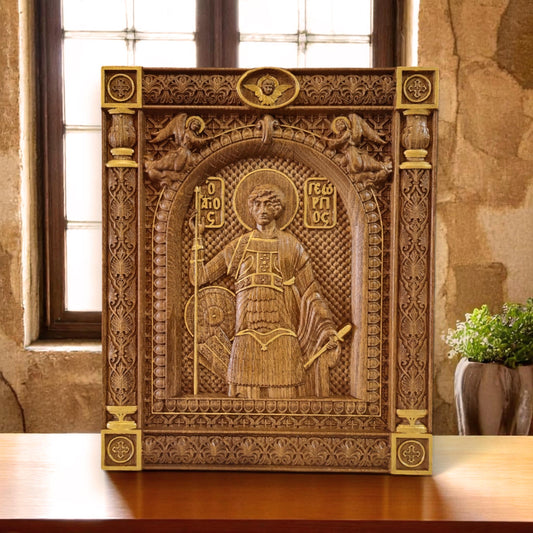 Saint George Wooden Carved Handcrafted Christian Religious Icon. Byzantine Home Wall Art Decor Gift. Orthodox Greek Woodcarving Sculpture.