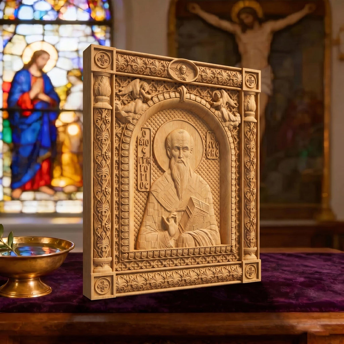 Saint Gregory of Nyssa Wooden Carved Handmade Christian Icon | Byzantine Greek Orthodox Home Art Decor