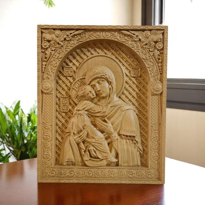 Virgin Mary Mother of God Wooden Carved Handcrafted Christian Religious Icon. Byzantine Home Wall Art Decor Gift. Orthodox Greek Woodcarving Sculpture.