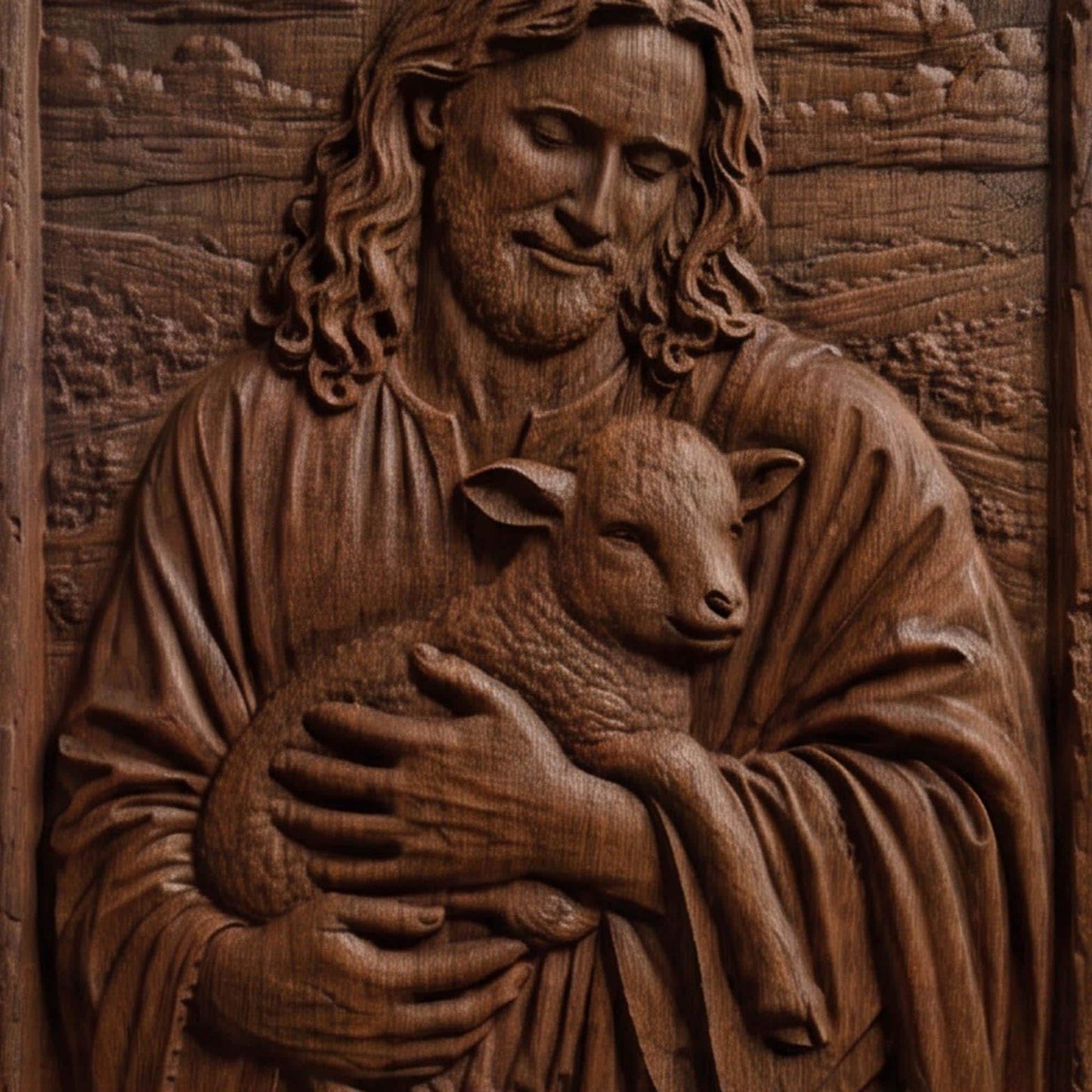Jesus Holding Lamb Wooden Carved Handmade Christian Icon  Byzantine Greek Orthodox Home Decor Cretan Holy Carvings