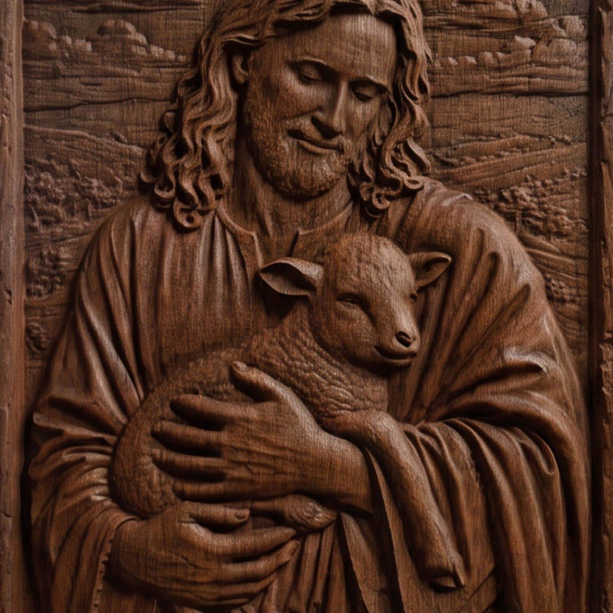 Jesus Holding Lamb Wooden Carved Handmade Christian Icon  Byzantine Greek Orthodox Home Decor Cretan Holy Carvings