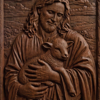 Jesus Holding Lamb Wooden Carved Handmade Christian Icon  Byzantine Greek Orthodox Home Decor Cretan Holy Carvings
