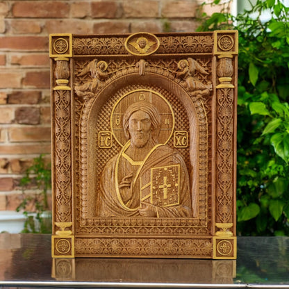 Christ Pantocrator of Sinai Wooden Carved Handcrafted Christian Religious Icon. Byzantine Home Wall Art Decor Gift. Orthodox Greek Woodcarving Sculpture.