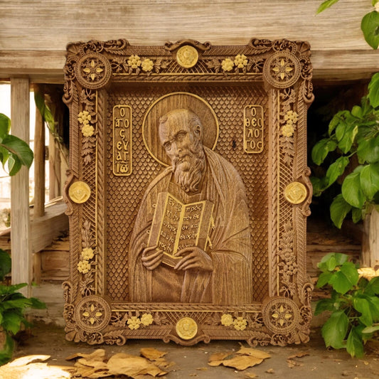 Saint John the Theologian Wooden Carved Handcrafted Christian Religious Icon. Byzantine Home Wall Art Decor Gift. Orthodox Greek Woodcarving Sculpture.
