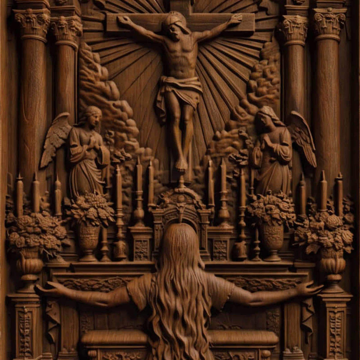 Praying in Church to Jesus Christ Wooden Carved Handmade Christian Icon  Byzantine Greek Orthodox Home Decor Cretan Holy Carvings