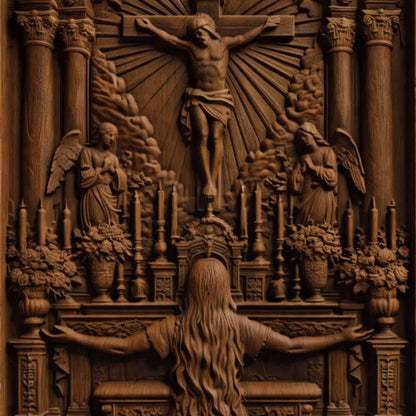 Praying in Church to Jesus Christ Wooden Carved Handmade Christian Icon  Byzantine Greek Orthodox Home Decor Cretan Holy Carvings