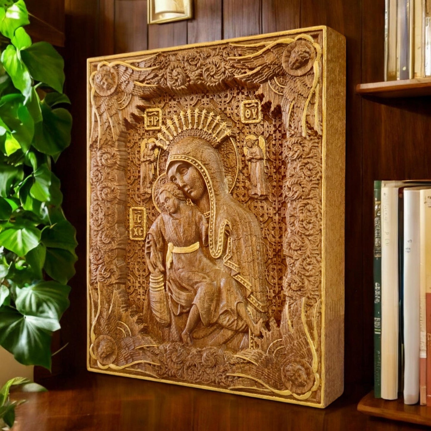 Virgin Mary Mother of God Axion Esti Wooden Carved Handcrafted Christian Religious Icon. Byzantine Home Wall Art Decor Gift. Orthodox Greek Woodcarving Sculpture.