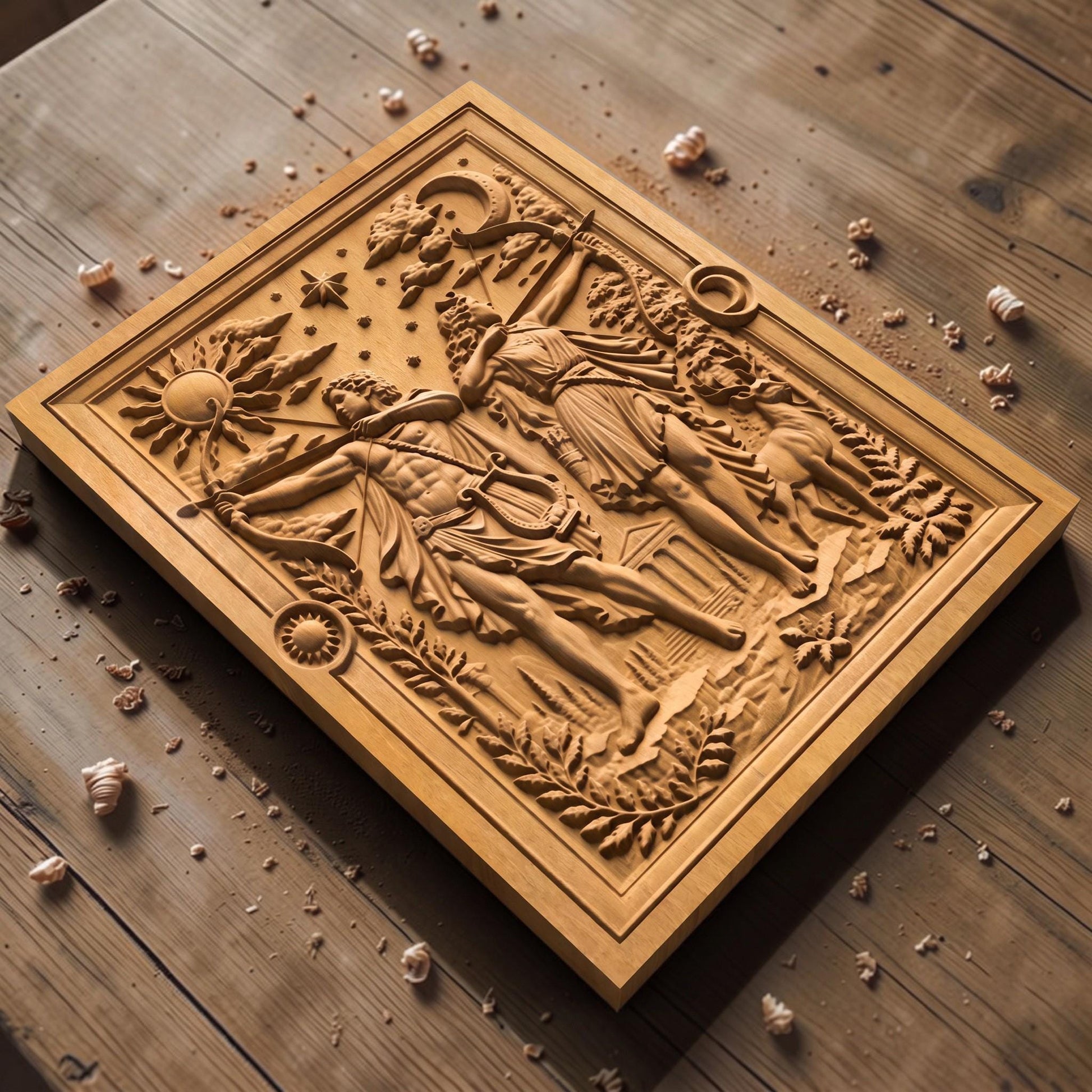 Apollo and Artemis Gods of Olympus 3D Wooden Bas Relief Panel Art Sculptural Gift Idea Cretan Holy Carvings