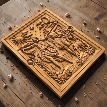 Apollo and Artemis Gods of Olympus 3D Wooden Bas Relief Panel Art Sculptural Gift Idea Cretan Holy Carvings
