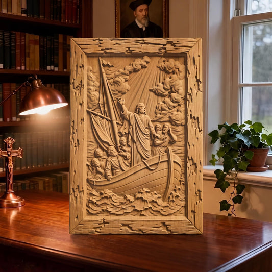 Jesus Calming the Sea Wooden Carved Handmade Christian Icon  Byzantine Greek Orthodox Home Decor Cretan Holy Carvings