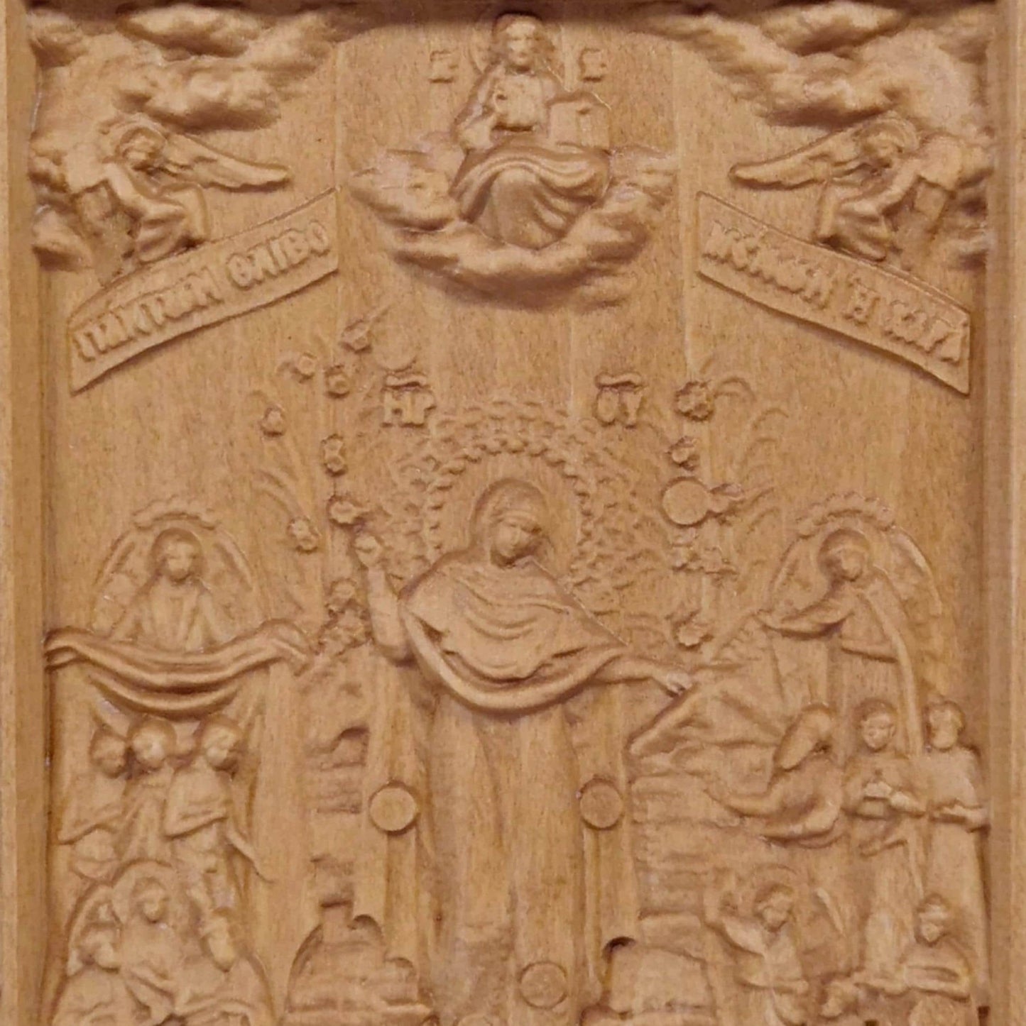 Mother of God Joy of All Who Sorrow Wooden Carved Handmade Christian Icon. Byzantine Greek Orthodox Home Art Decor.
