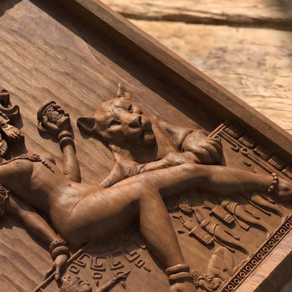 Aztec Woman Framed Bas Relief | Wooden Woman Carving | Sculptural Gift Idea