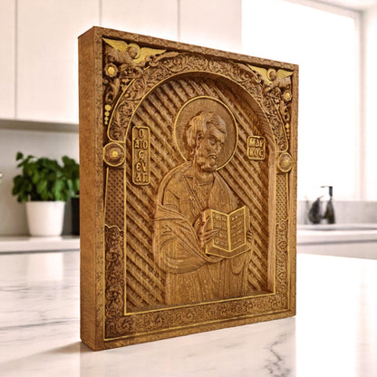 Mark the Evangelist Wooden Carved Handcrafted Christian Religious Icon. Byzantine Home Wall Art Decor Gift. Orthodox Greek Woodcarving Sculpture.
