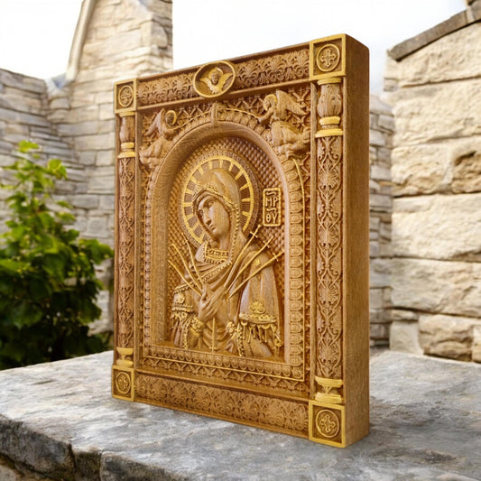 Virgin Mary of the Seven Swords Wooden Carved Handcrafted Christian Religious Icon. Byzantine Home Wall Art Decor Gift. Orthodox Greek Woodcarving Sculpture.