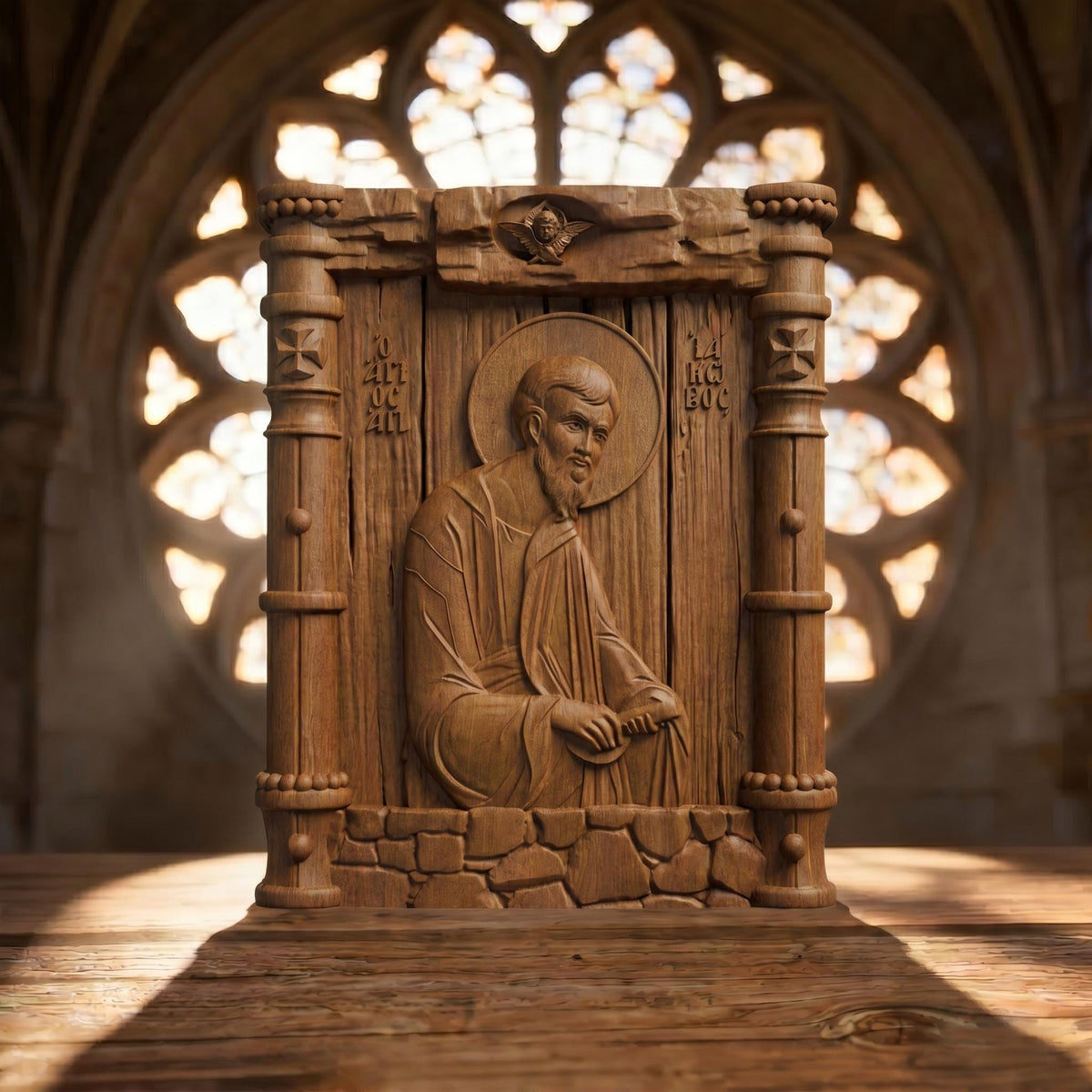Saint Jacob the Apostle Wooden Carved Handmade Christian Icon Patron Saint of Spain Front Side Brown Oak Cretan Holy Carvings