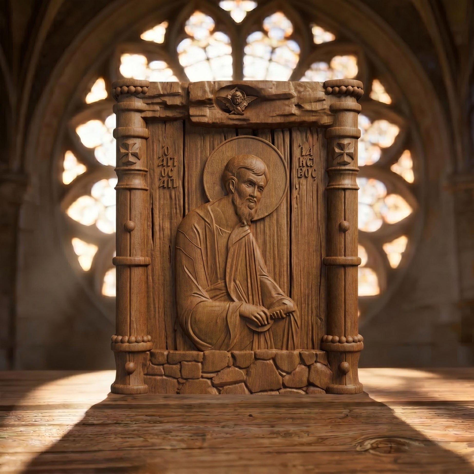 Saint Jacob the Apostle Wooden Carved Handmade Christian Icon Patron Saint of Spain Front Side Brown Oak Cretan Holy Carvings