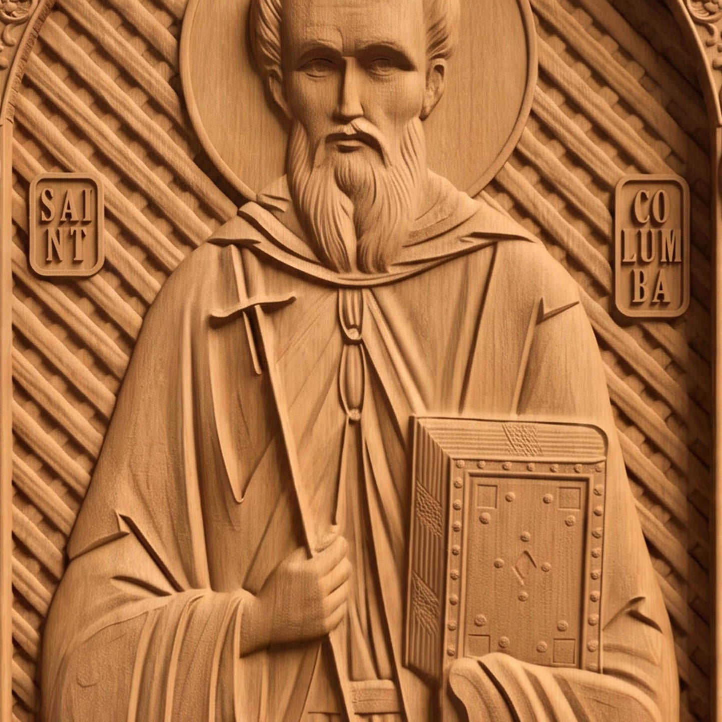Saint Columba Wooden Carved Handmade Christian Icon | Byzantine Greek Orthodox Home Art Decor