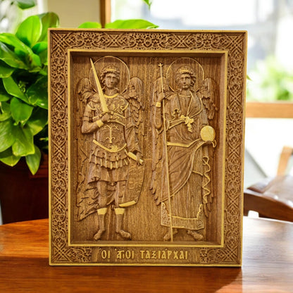 Archangels Michael and Gabriel Wooden Carved Handcrafted Christian Religious Icon. Byzantine Home Wall Art Decor Gift. Orthodox Greek Woodcarving Sculpture.