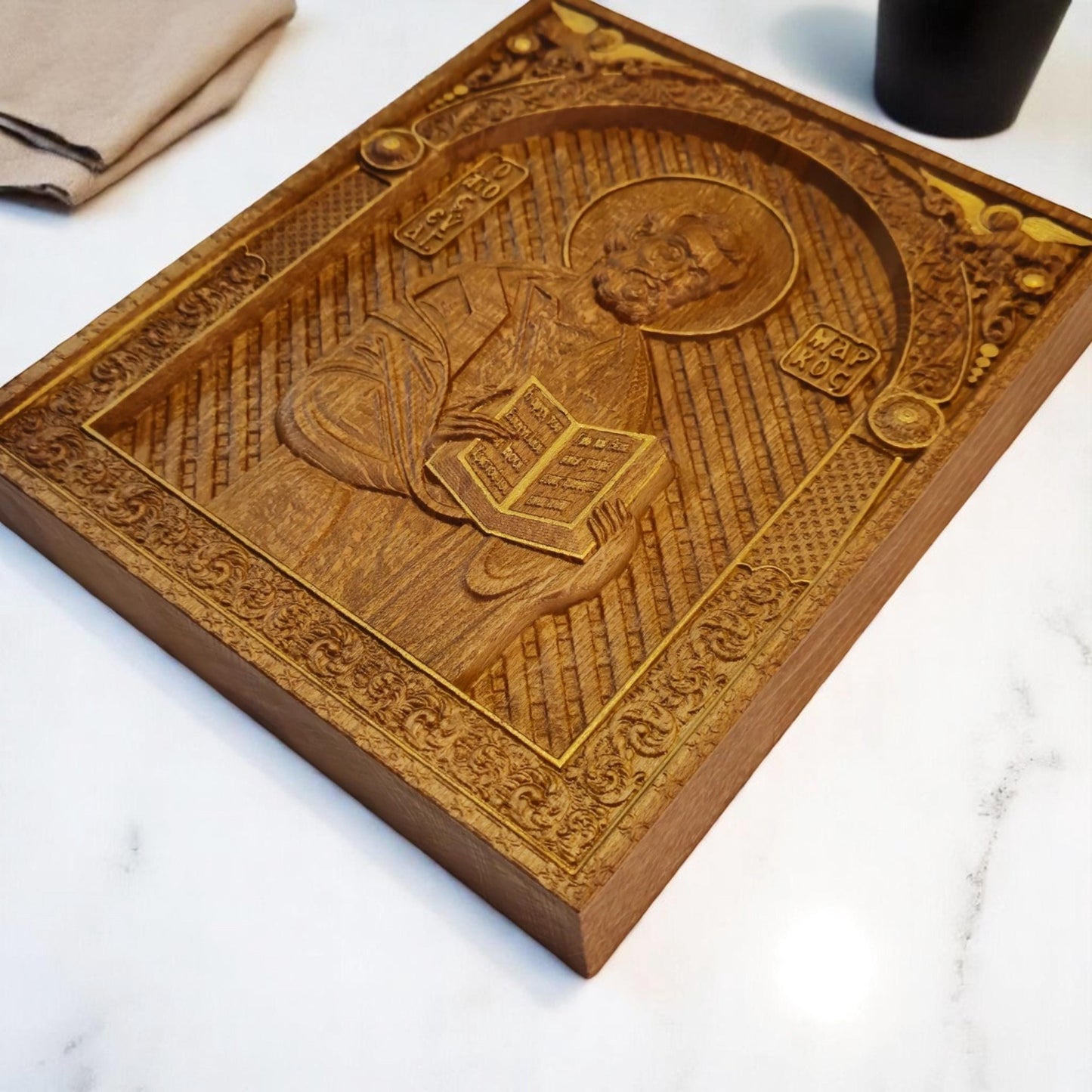 Mark the Evangelist Wooden Carved Handcrafted Christian Religious Icon. Byzantine Home Wall Art Decor Gift. Orthodox Greek Woodcarving Sculpture.