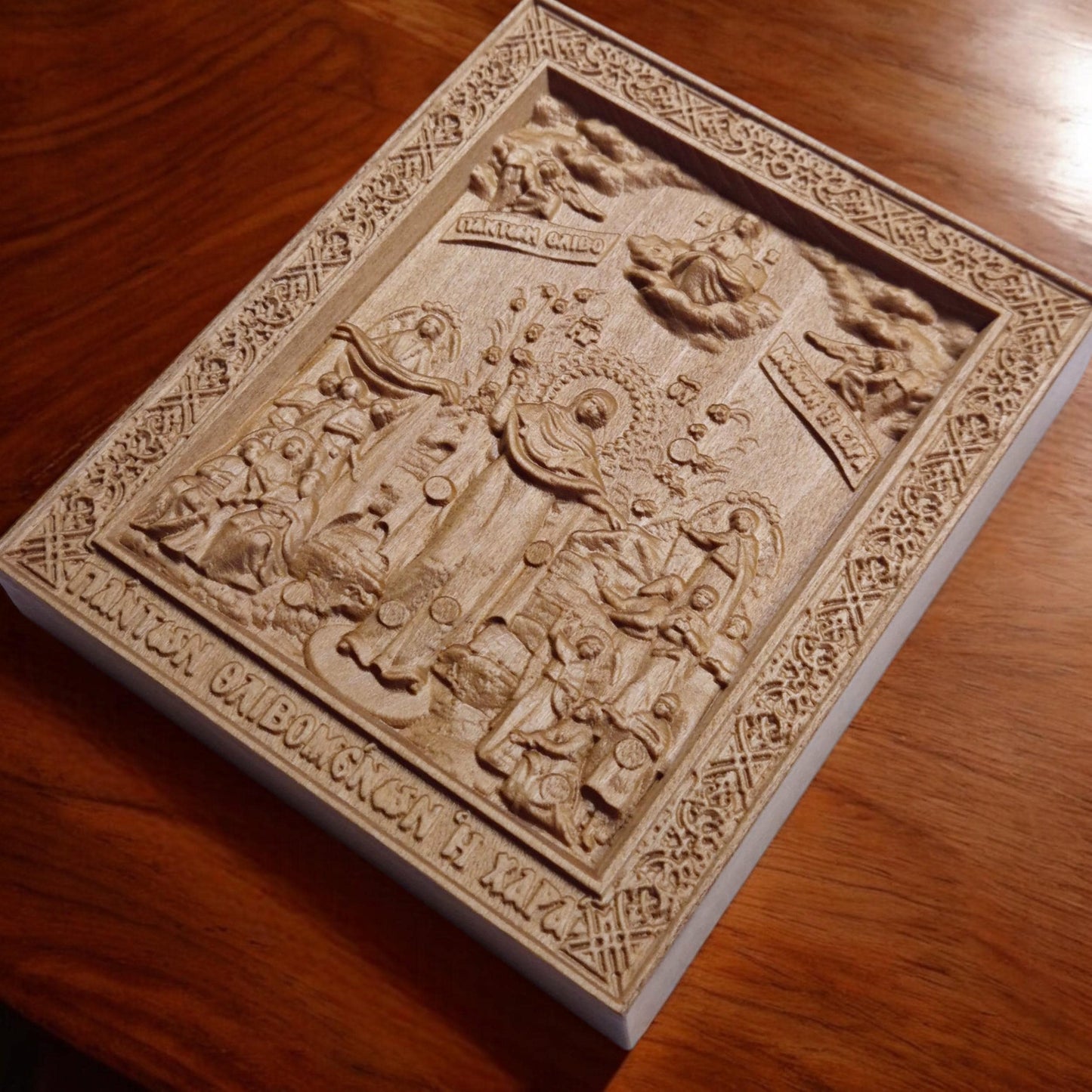Mother of God Joy of All Who Sorrow Wooden Carved Handmade Christian Icon. Byzantine Greek Orthodox Home Art Decor.