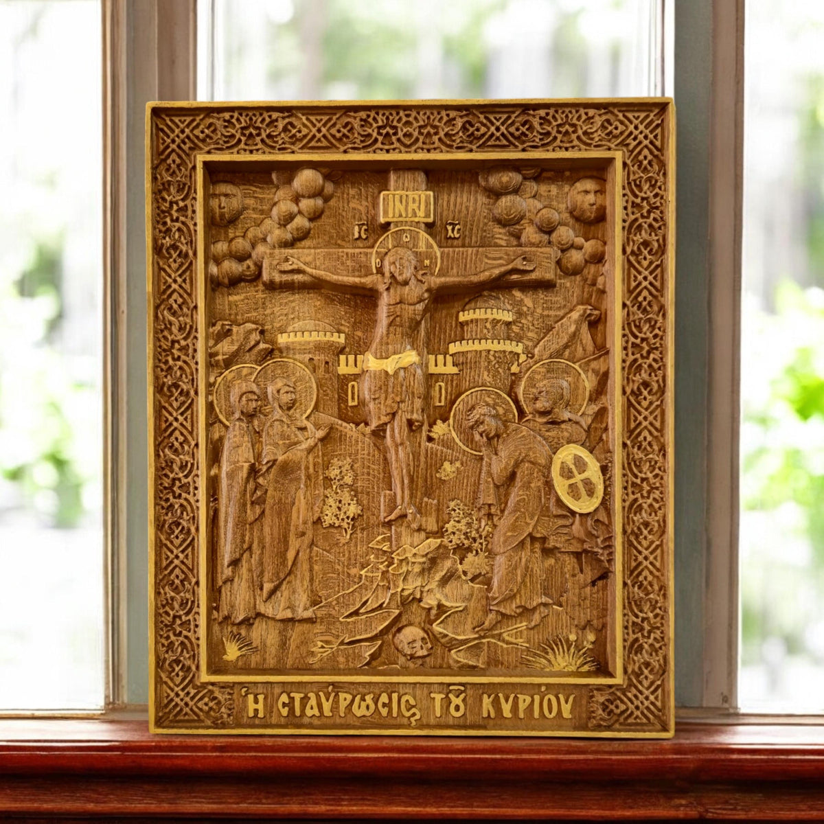 Crucifixion of Jesus Christ Wooden Carved Handmade Christian Icon. Byzantine Greek Orthodox Home Decor.
